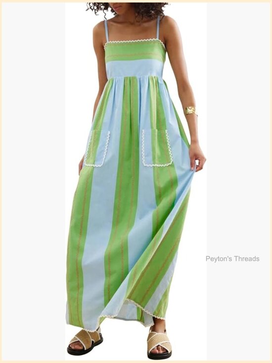 Dresses & Skirts - Striped Square Neck Spaghetti Strap Maxi Dress with Pockets